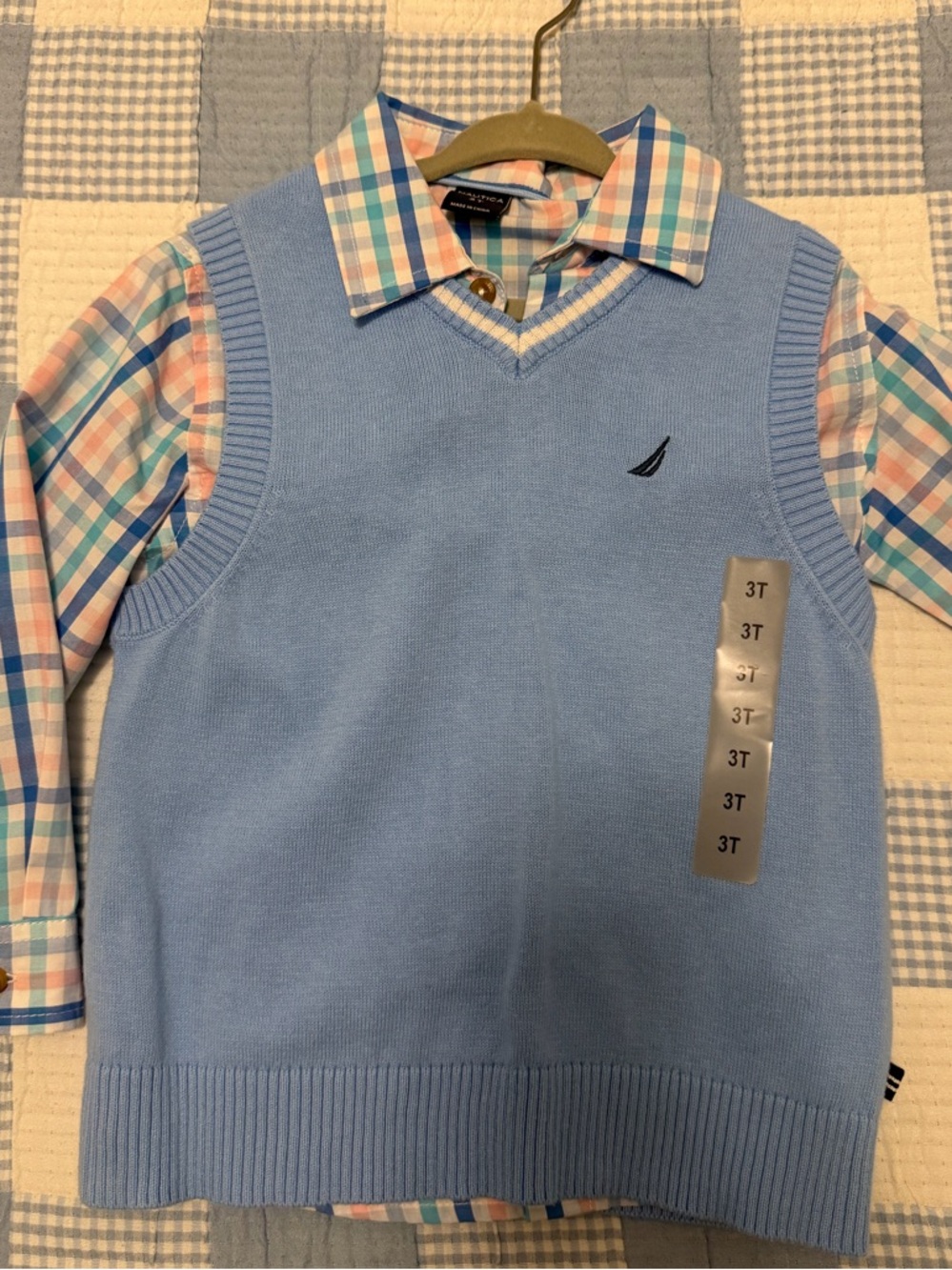 Nautica Light Blue V-Neck Sweater Vest with Pastel Plaid Shirt